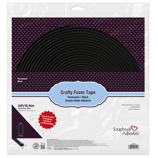 Packaged craft foam tape in a semi-circle shape, labeled 'Permanent + Black' and 'Crafty Foam Tape', with the Scrapbook Adheses logo on a white and purple background.