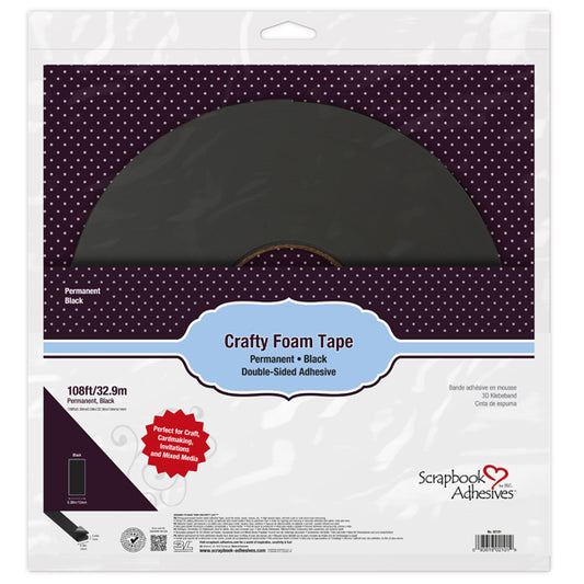 Scrapbook Adhesives Crafty Foam Tape Permanent Black 108ft roll in its original retail packaging, showing a black foam tape roll inside a clear plastic bag with a white and purple label.