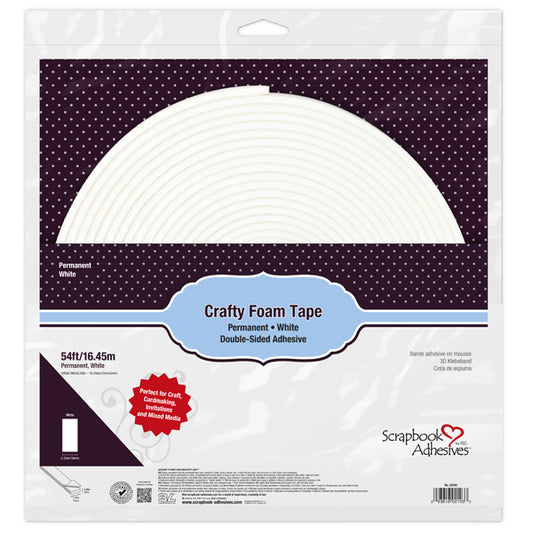 Packaging of Crafty Foam Tape with white foam tape inside, on a white background.