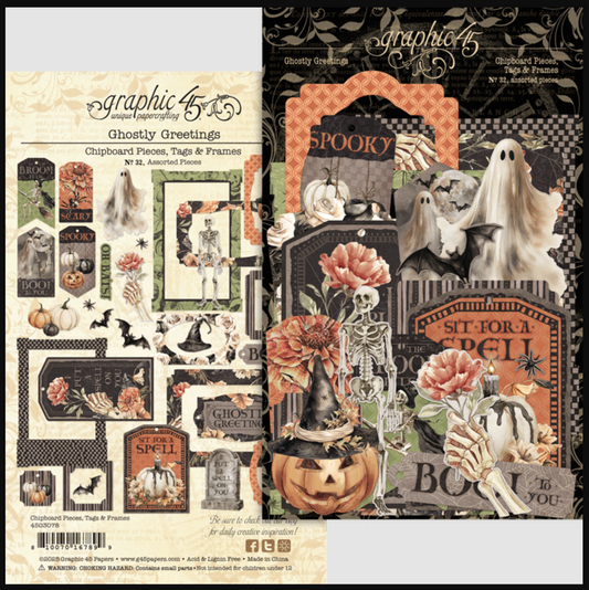 Graphic 45 Ghostly Greetings Chipboard Pieces, Tags & Frames