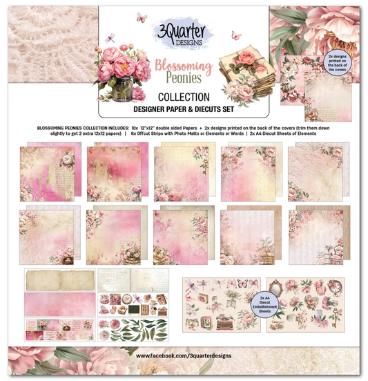 3Quarter Designs Blossoming Peonies 12x12 Design Paper & Diecuts Set