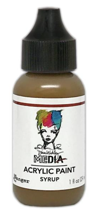 Dina Wakley Media Acrylic Paint bottle in Syrup 1oz, with black cap and label featuring a colorful watercolor face illustration