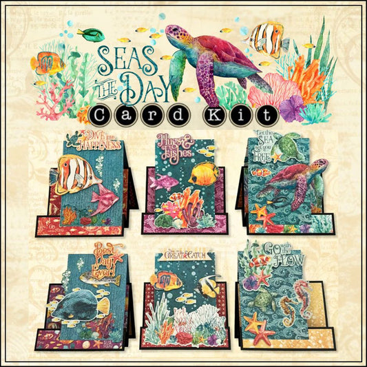 Card kit with ocean-themed designs including turtles, fish, and coral on a beige background.