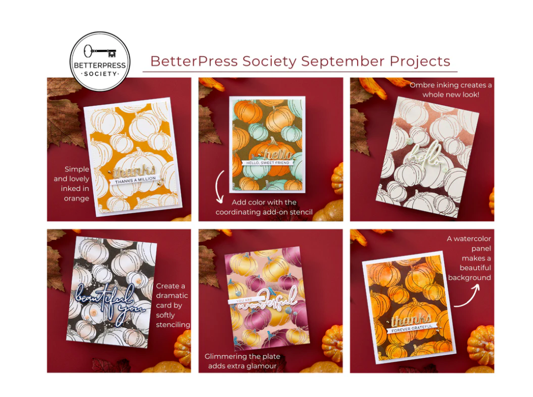 Promotional image for BetterPress Society September Projects featuring card designs with pumpkins and autumnal elements.
