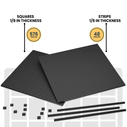 Black grid mat with squares and strips, labeled with quantities on a white background