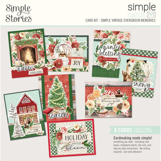 A collage of eight handmade holiday greeting cards from Simple Stories 'Simple Vintage Evergreen Memories' card kit, displayed on a light beige background with descriptive text.