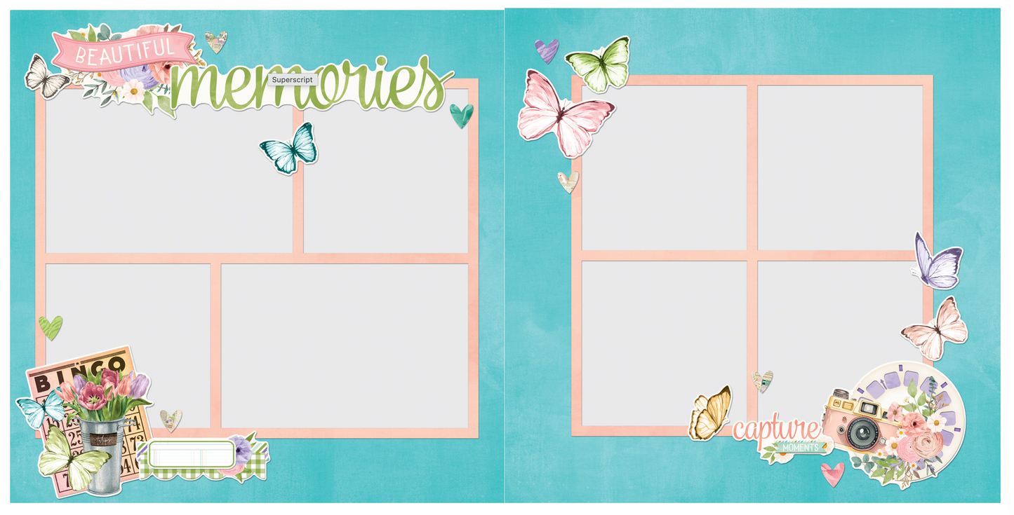 sample of two-page scrapbook or photo album layout template. The design features a light turquoise background decorated with pastel pink borders, butterflies, flowers, and vintage-style embellishments.