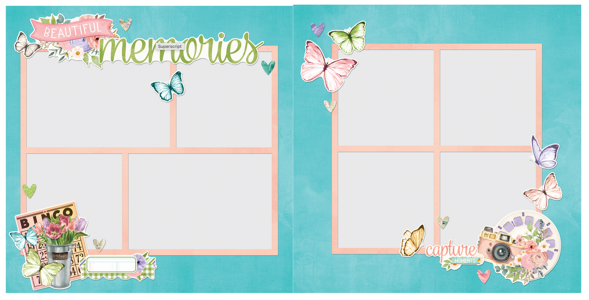 sample of two-page scrapbook or photo album layout template. The design features a light turquoise background decorated with pastel pink borders, butterflies, flowers, and vintage-style embellishments.