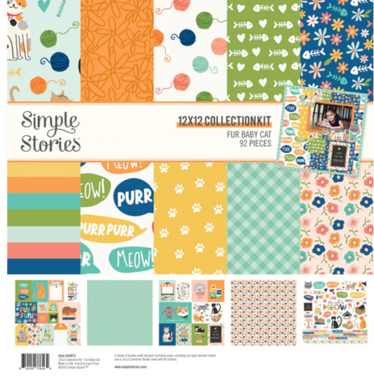 Collection of patterned paper sheets with 'Simple Stories' branding and various designs.
