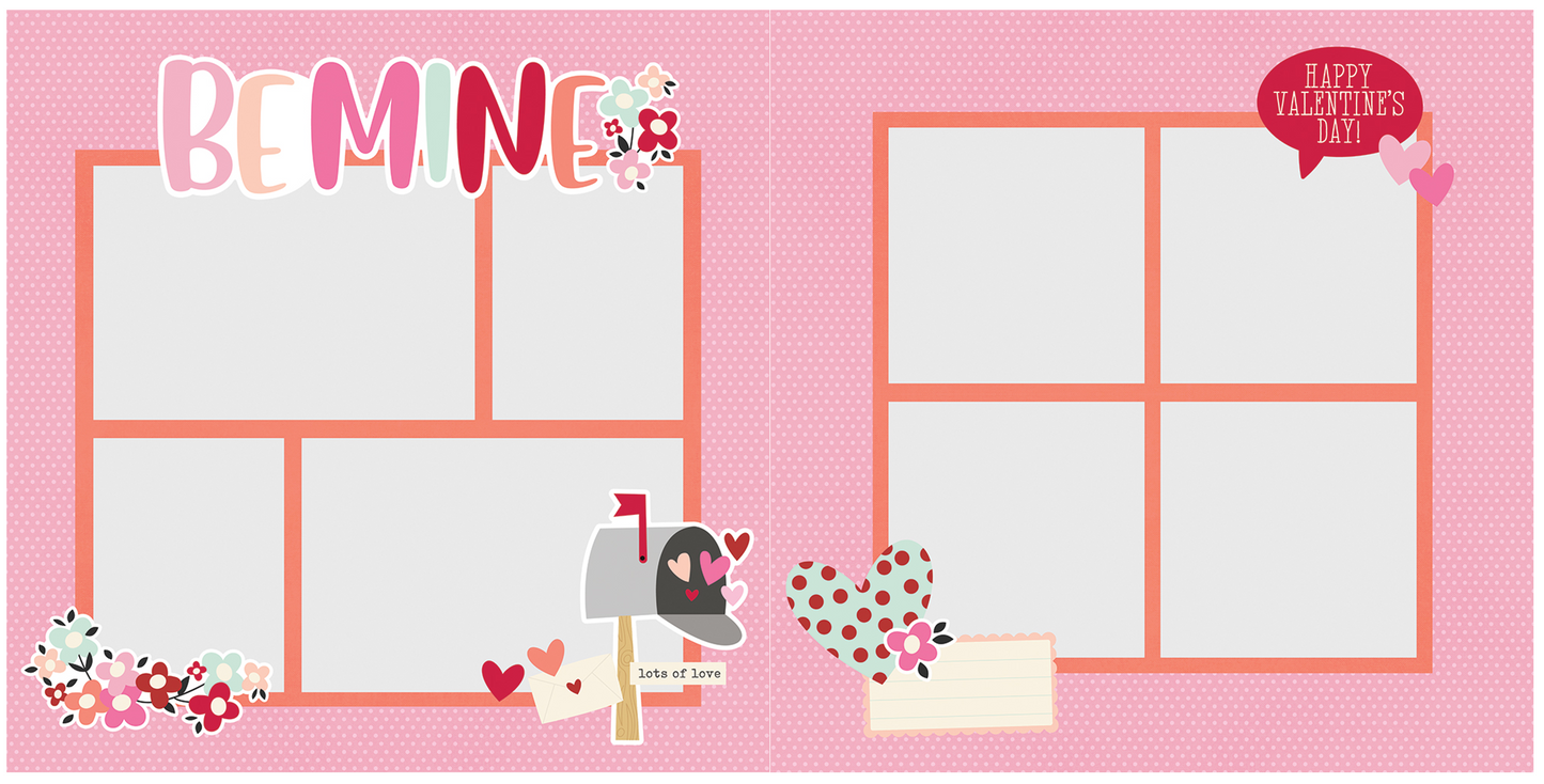 Valentine's Day themed scrapbook layout with 'BEMINE' text and decorative elements on a pink background.