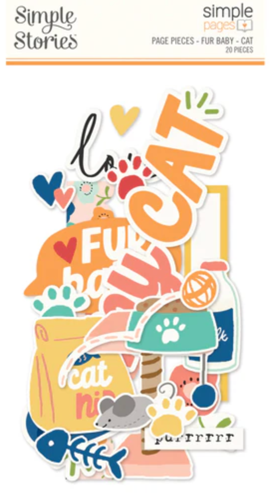 Collection of colorful cat-themed page pieces by Simple Stories on a white background.