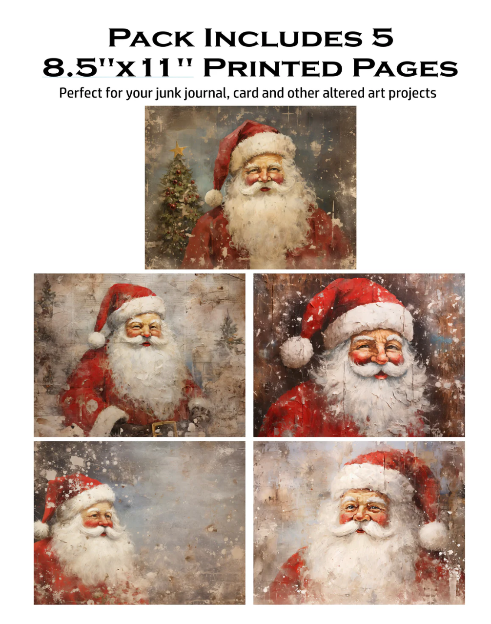 Packaging for 5 printed pages with Santa Claus images, suitable for junk journals and altered art projects.