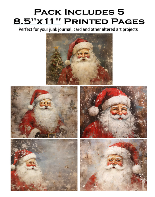 Packaging for 5 printed pages with Santa Claus images, suitable for junk journals and altered art projects.