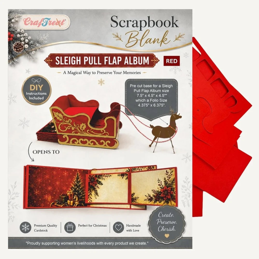 CrafTreat Scrapbook Blank Sleigh Pull Flap Album in red, showing the printed front cover with product details and a stack of red paper pull tabs on the right.