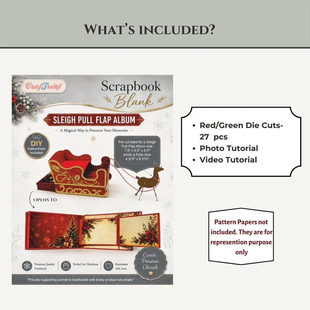 An informational product graphic for the CrayFront Scrapbook Blank Sleigh Pull Flap Album, showing the album cover, an opened sample page, and text listing included items: red/green die cuts (27 pieces), photo tutorial, and video tutorial. It is not a clean product-only photo because the layout is an explanatory listing graphic, so subject_type is Instruction Diagram rather than Product/Packaging.