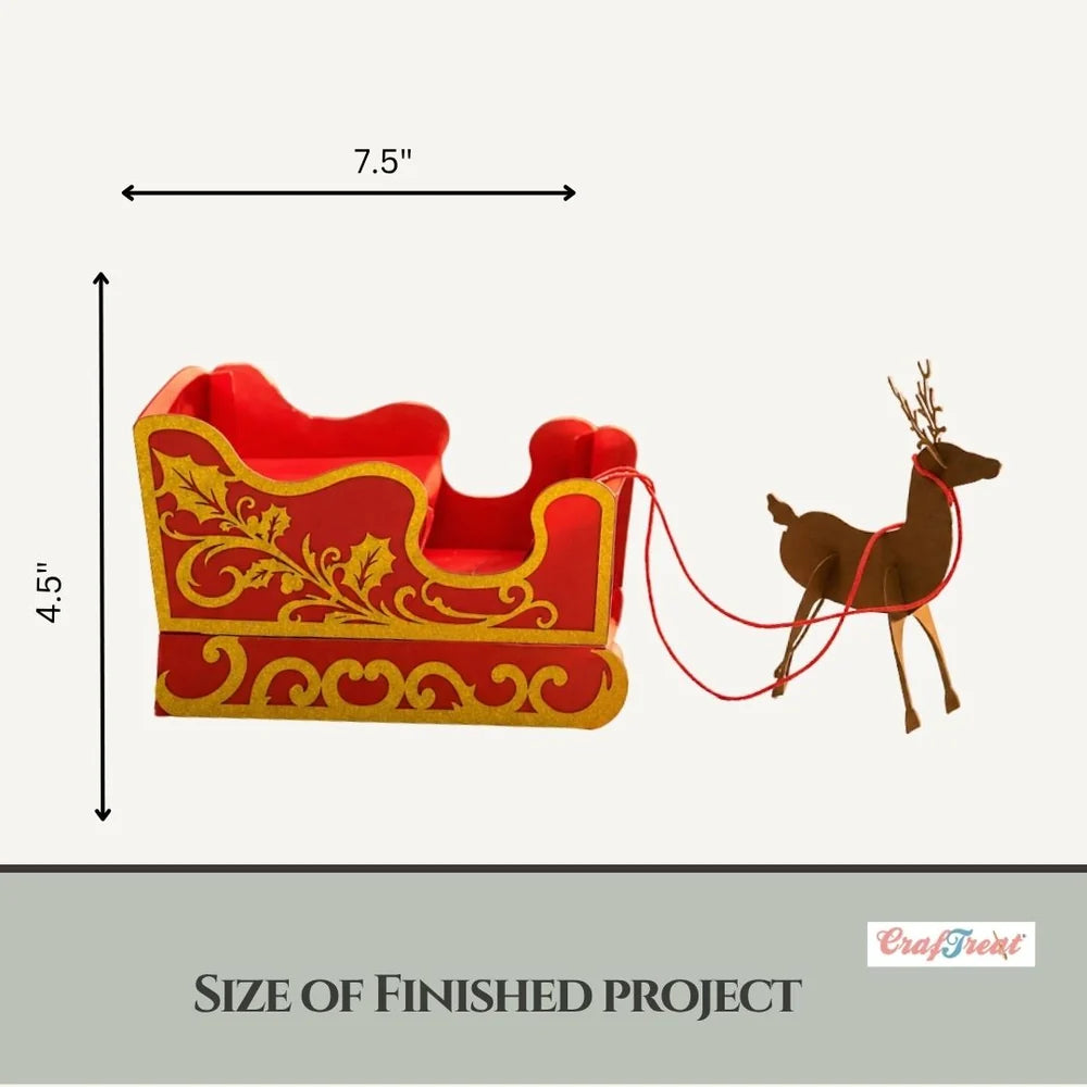 A festive red and gold Christmas sleigh decoration with a brown reindeer, shown with dimension arrows indicating 7.5 inches wide and 4.