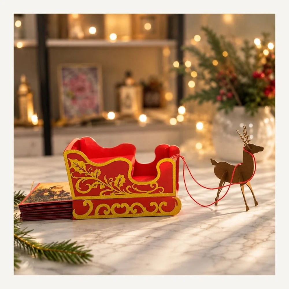 A festive Christmas ornament set featuring a red and gold sleigh with a small brown reindeer figurine, displayed on a marble surface with holiday lights and greenery in the background.