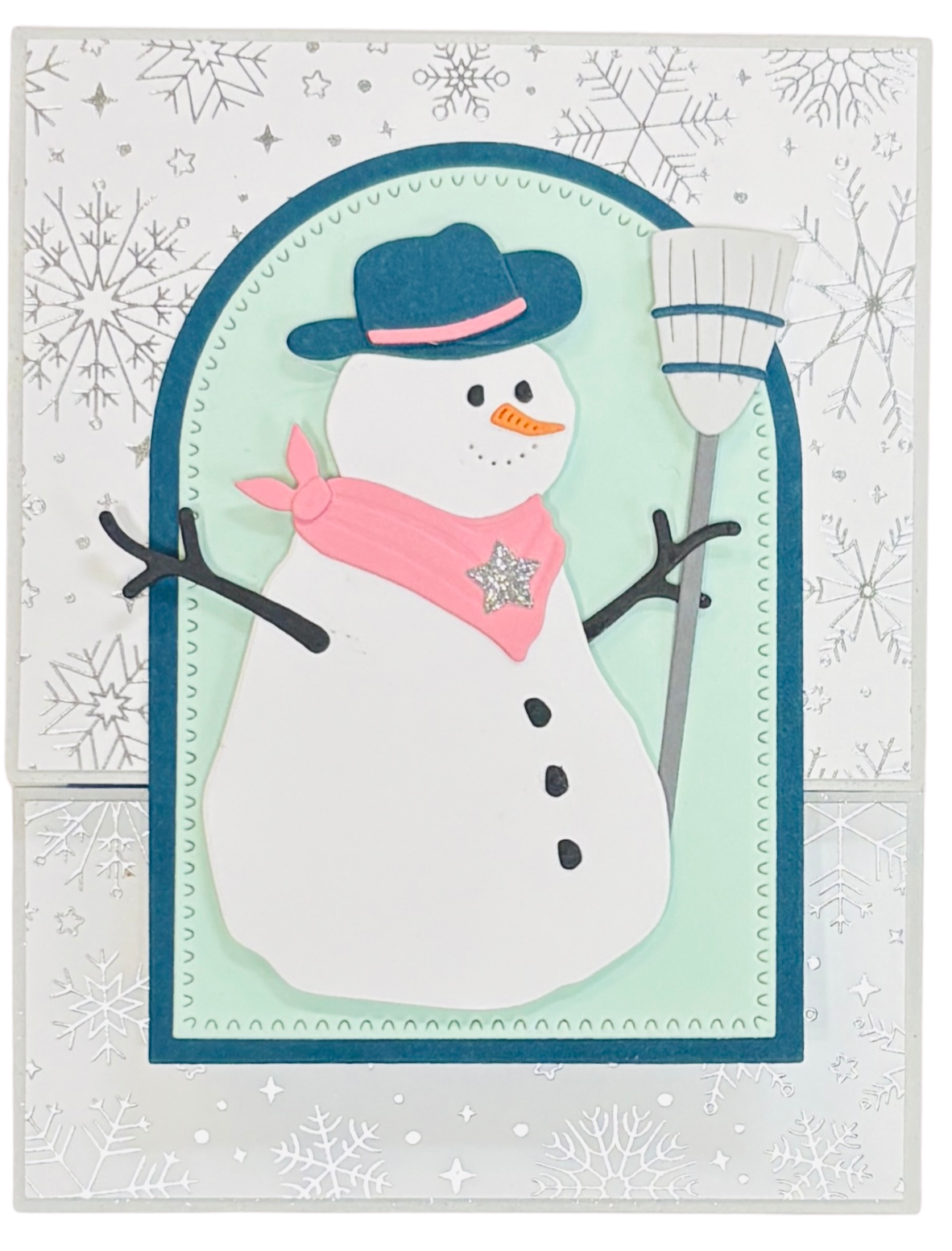 Snowman greeting card samples for bundled kit with snowflake foiled background