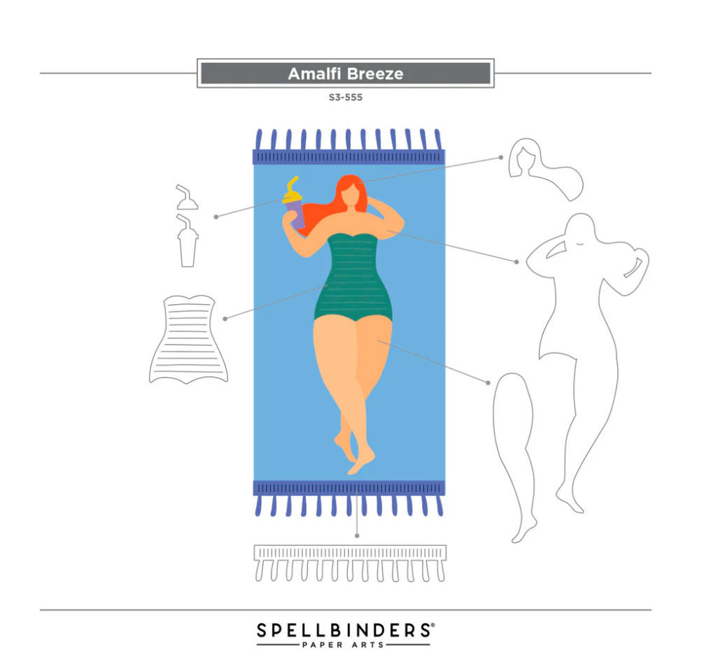 Towel with a design of a woman in a swimsuit, labeled 'Amalfi Breeze' by Spellbinders.