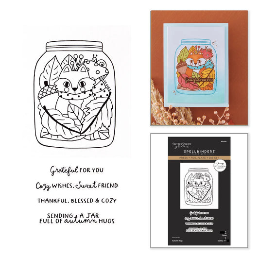 A product collage for a Spell & Indie stamp set featuring a black-and-white line drawing of a cozy autumn frog in a jar, a sample greeting card with the artwork, and the retail packaging card.