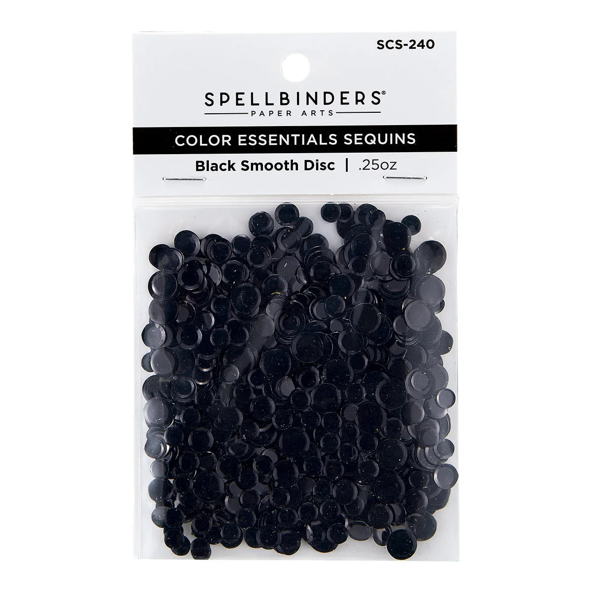 Spellbinders Color Essentials Sequins in Black, containing 25 smooth disc sequins in a clear plastic bag with a white header card.