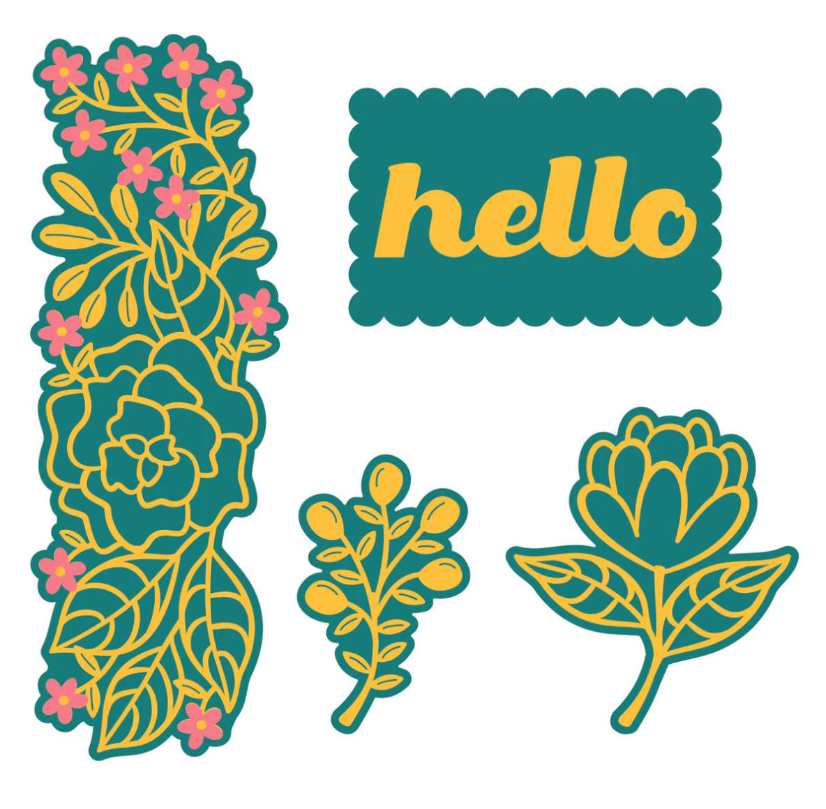 Decorative elements with floral patterns and the word 'hello' on a white background