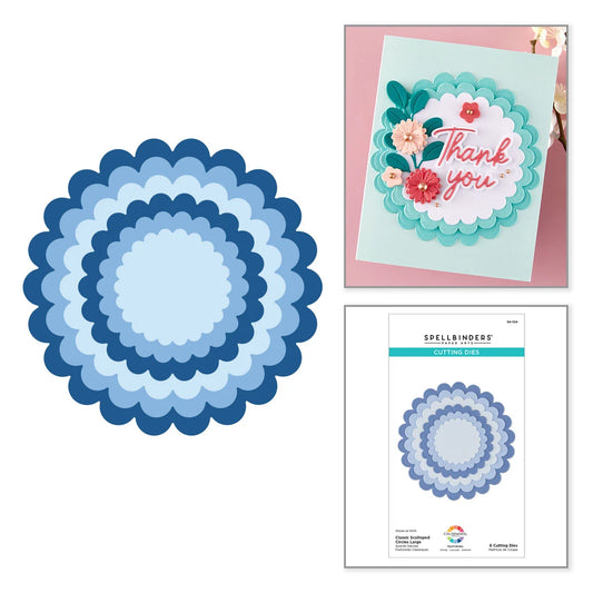 A circular layered die-cut sticker or craft cutout in shades of blue and light blue, shown alongside a sample card featuring the sticker and the package insert for Spellbinders Layered Scalloped Die-Cut Stickers.
