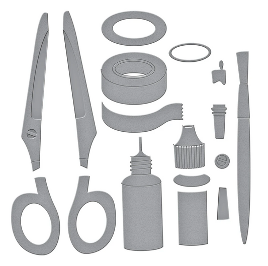 Gray cutout illustrations of various tools and items on a white background