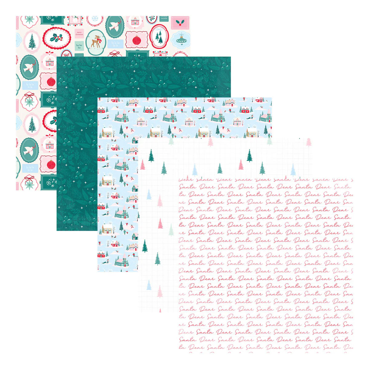 four sheets of assorted patterned paper with green holly leaves, village, and holiday images