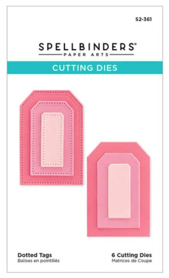 Spellbinders cutting dies packaging with two pink tags on a white background
