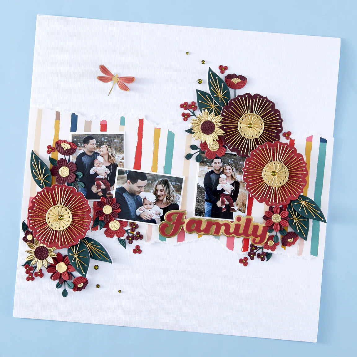 Decorative scrapbook page with family photos and colorful flowers on a white background