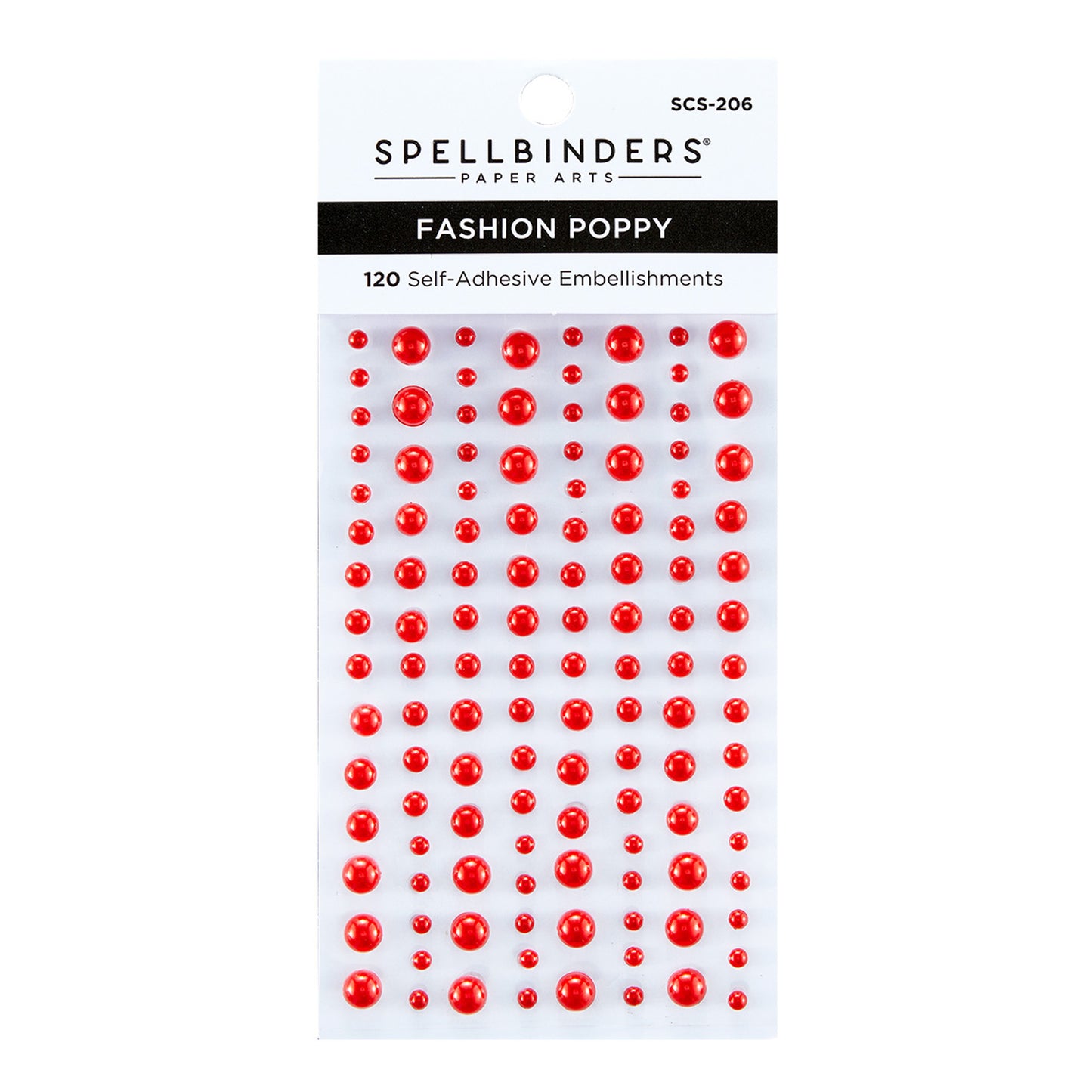 Spellbinders Paper Arts Fashion Poppy 120 self-adhesive embellishments in red, shown on a white backing card.