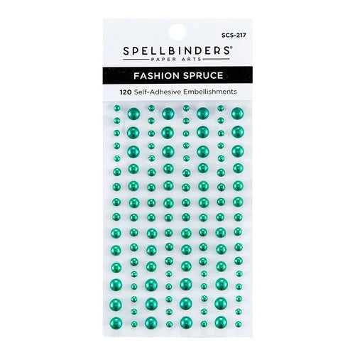 Spellbinders Paper Arts Fashion Spruce 120 self-adhesive embellishments in a green pearlescent finish, packaged on a white backing card.