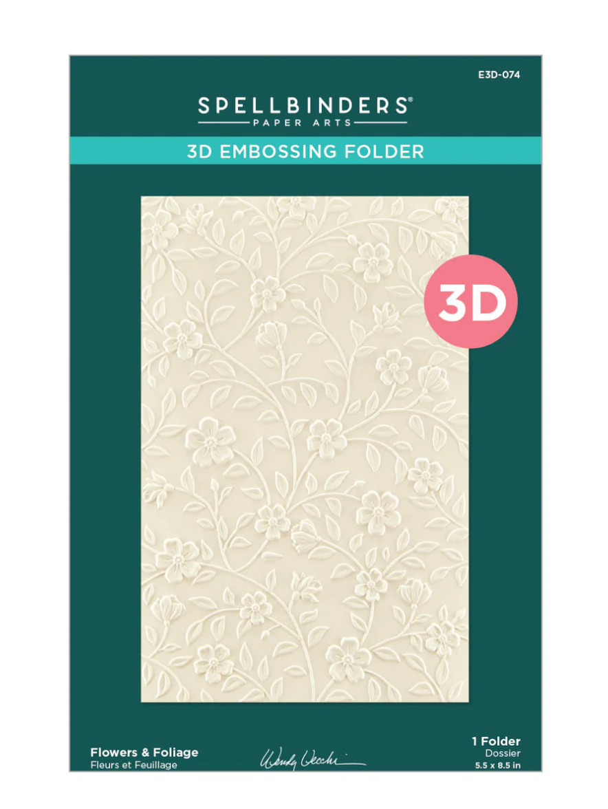 Spellbinders 3D embossing folder with floral design on a green background