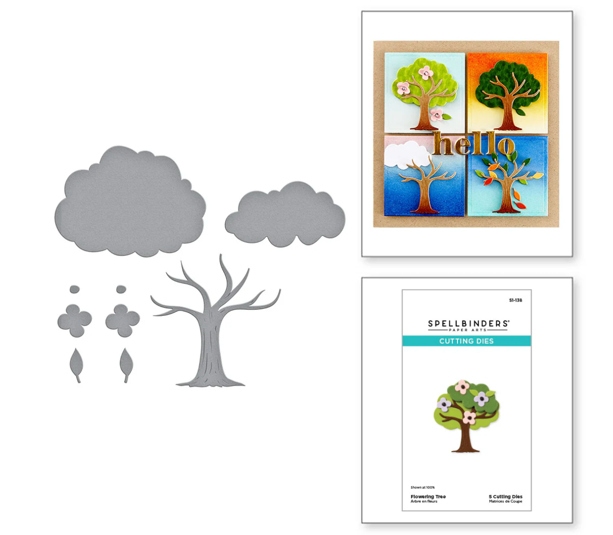 Tree and cloud cutting dies with a sample card and packaging on a white background