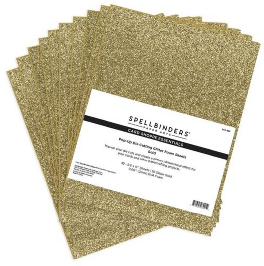 Stack of gold glitter foam sheets with Spellbinders label on a white background