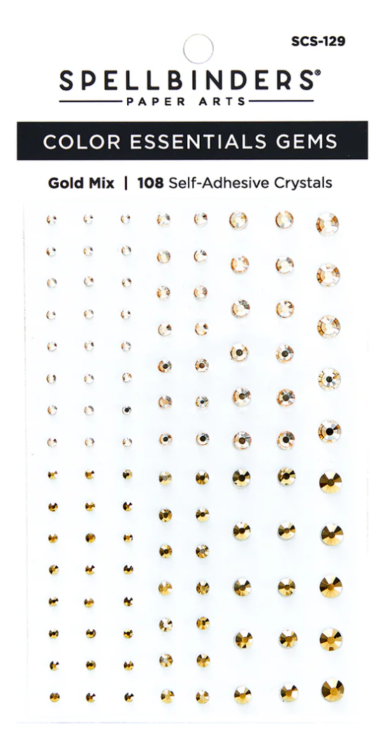 Packaging of Spellbinders Color Essentials Gems with gold self-adhesive crystals on a white background.