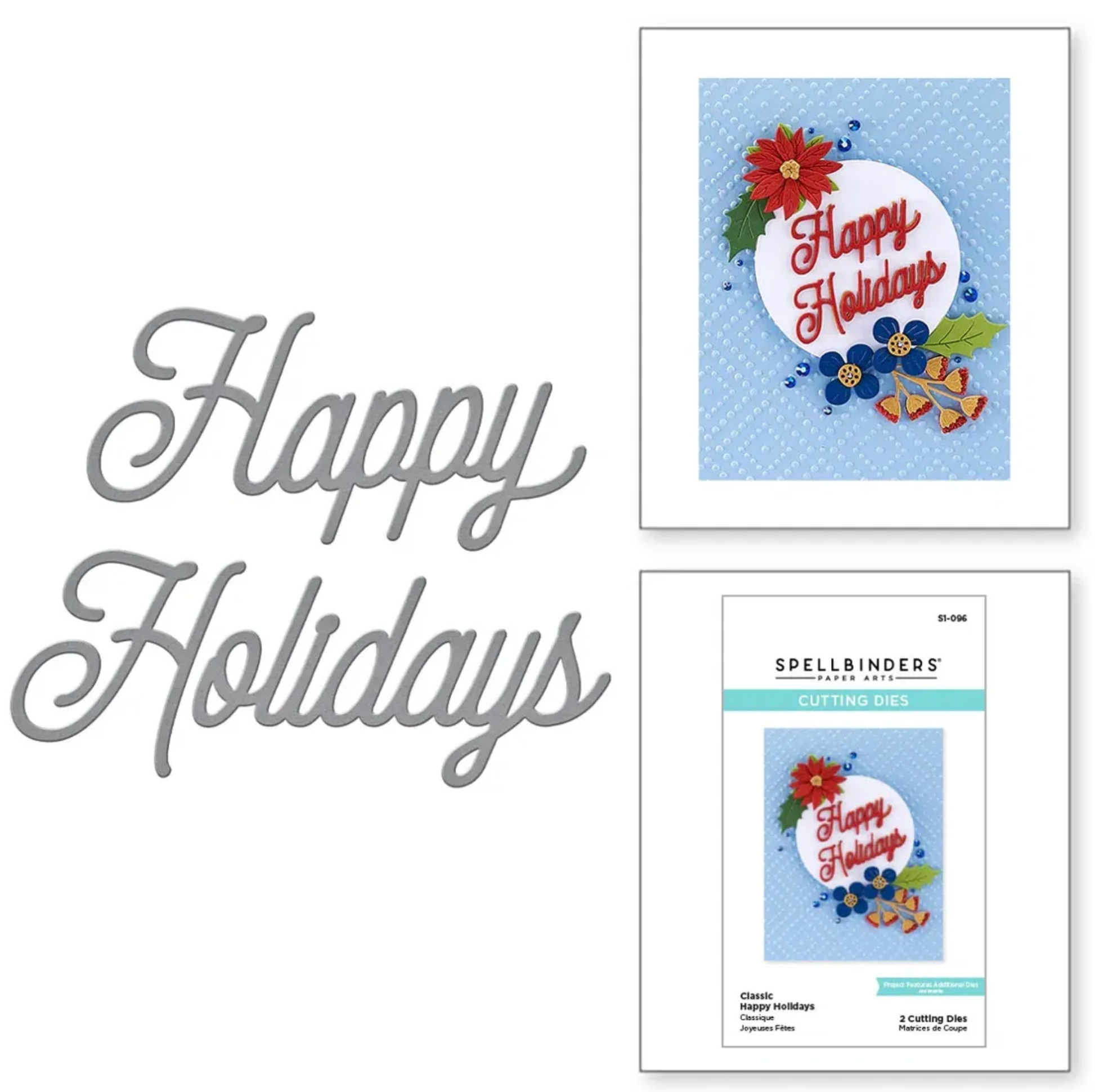 Spellbinders 'Happy Holidays' cutting dies with decorative card design on a white background
