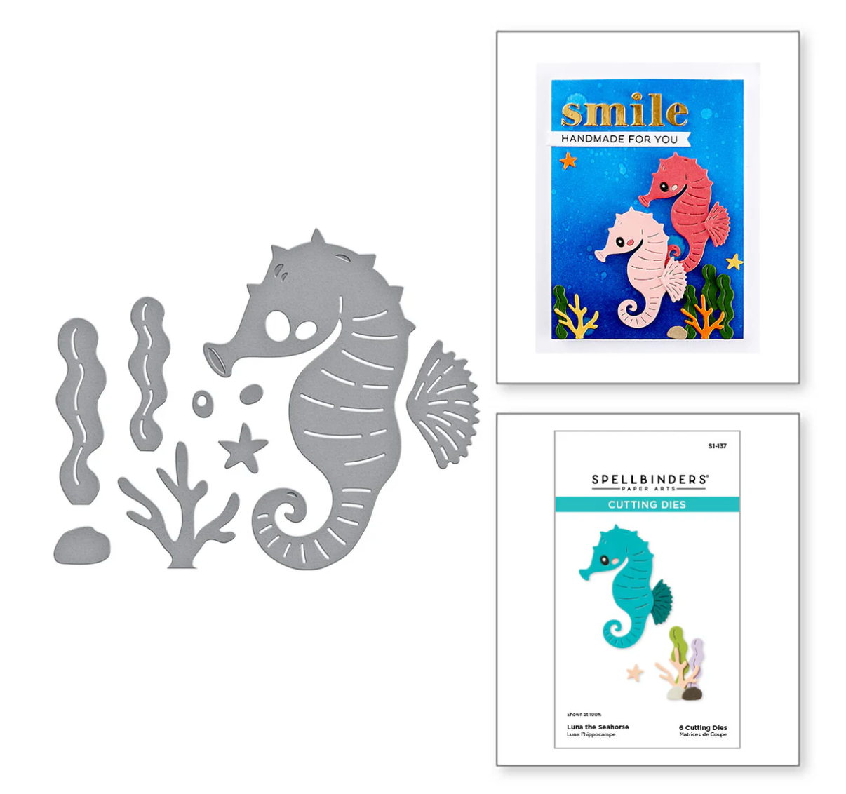 Seahorse cutting dies with a sample card and packaging on a white background