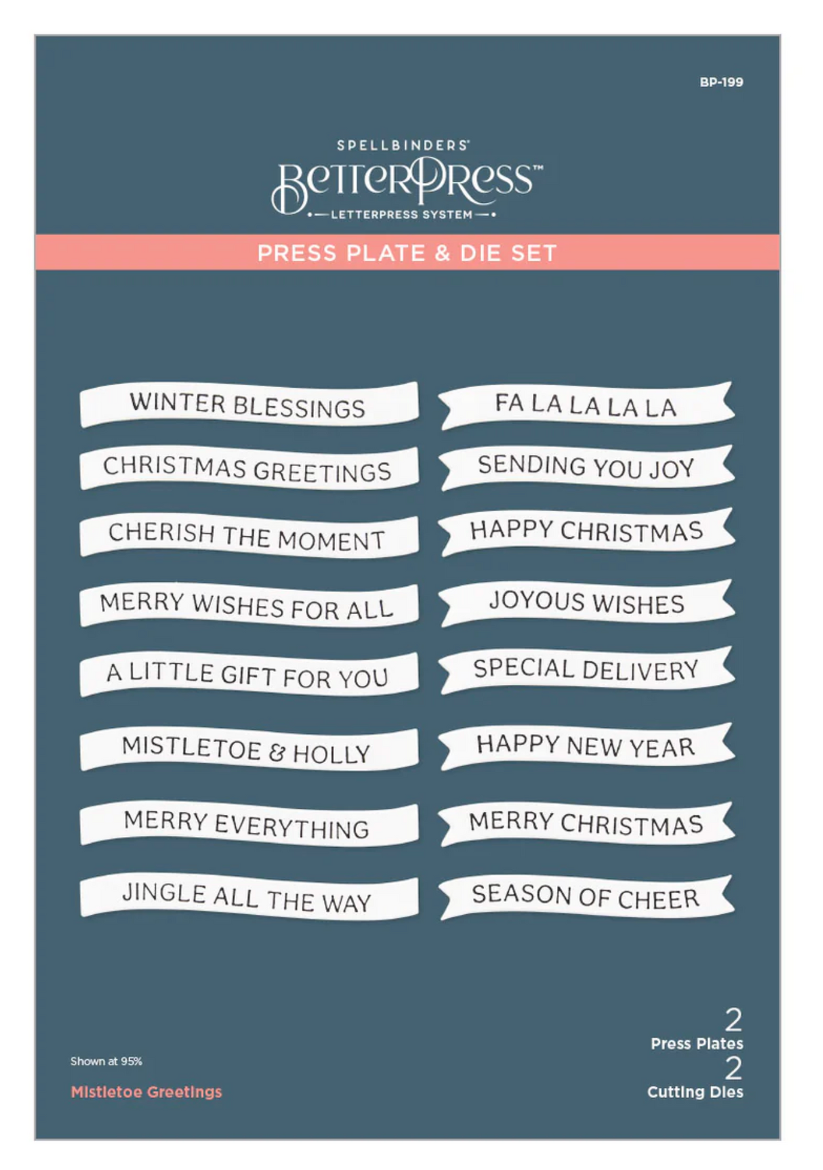 Spellbinders BetterPress Press Plate & Die Set with Christmas-themed text on a blue background