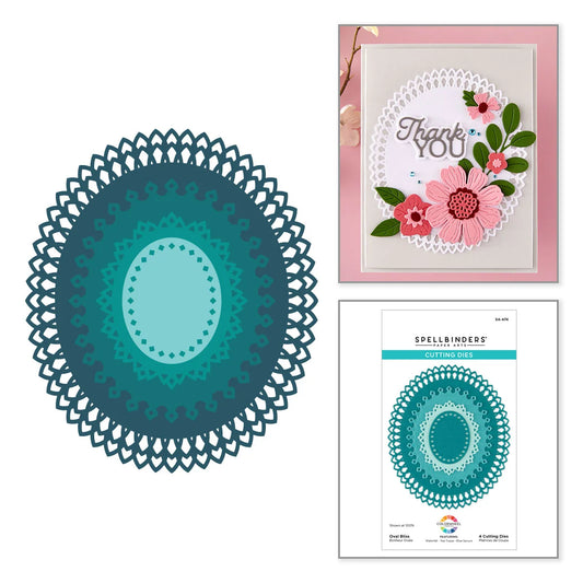 A circular layered die-cut paper craft stamp set shown with a large preview of the cutout pattern, a finished handmade card featuring pink flowers and the words 'Thank you,' and the package insert for Spellbinders Layering Circles.