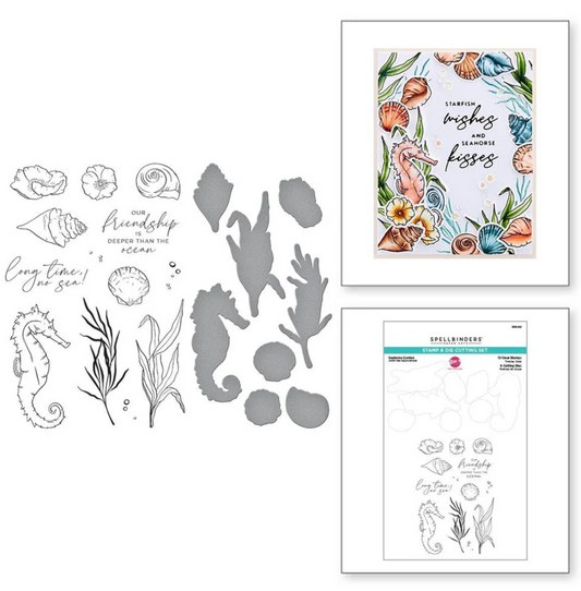 Set of sea-themed stamps and cutting dies with a framed artwork on a white background.