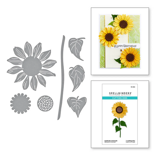 Sunflower-themed crafting dies and card with 'Happy Birthday' text on a white background