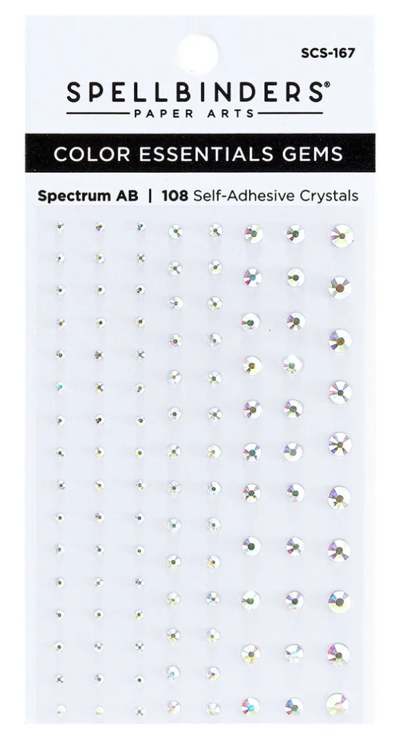 Packaging of Spellbinders Color Essentials Gems with self-adhesive crystals on a white background.