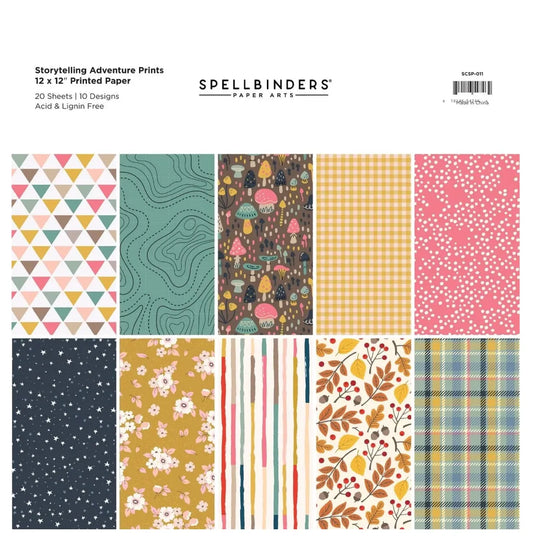 Collection of 12x12 printed paper sheets with various patterns on a white background, featuring the Spellbinders brand.