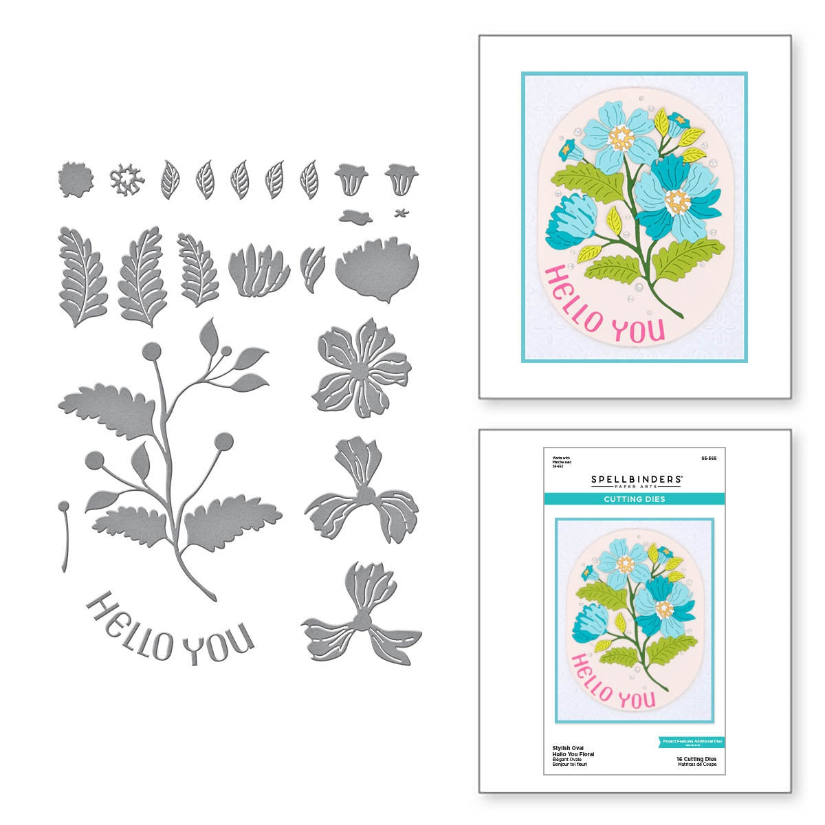 A floral die-cut card kit shown with gray metal cutting templates on the left and two printed card/package examples on the right. The artwork features blue flowers, green leaves, a pale pink background, and the words 'HELLO YOU' in pink.