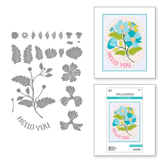 A floral die-cut card kit shown with gray metal cutting templates on the left and two printed card/package examples on the right. The artwork features blue flowers, green leaves, a pale pink background, and the words 'HELLO YOU' in pink.