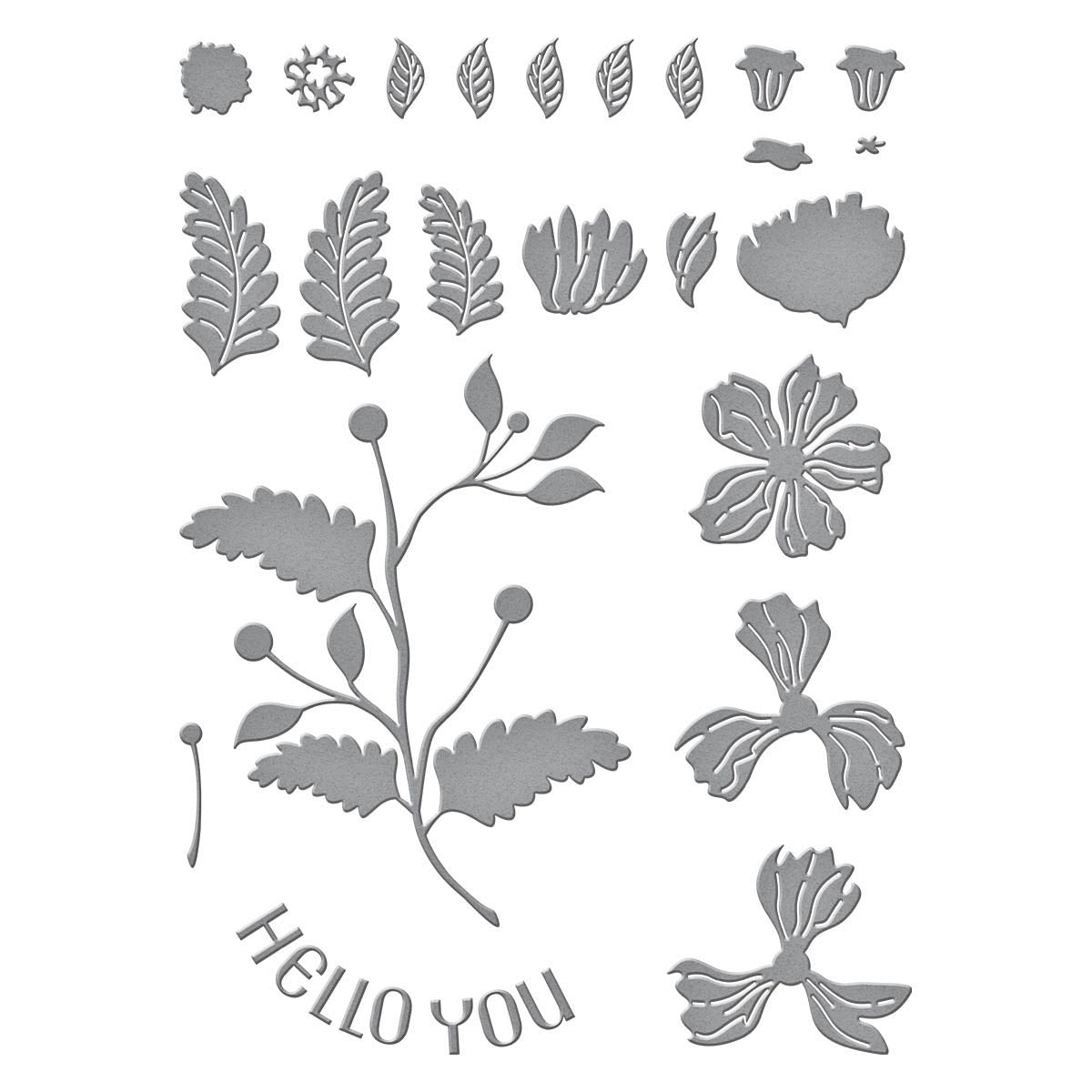 A set of gray metal dies featuring various botanical leaf and flower shapes, a small stem with a bud, and the words 'HELLO YOU' in script, arranged on a plain white background.