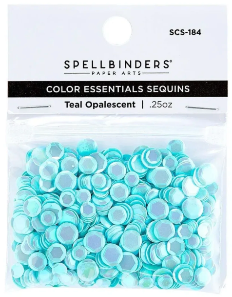 Packaging of Spellbinders Color Essentials Sequins in Teal Opalescent on a white background.