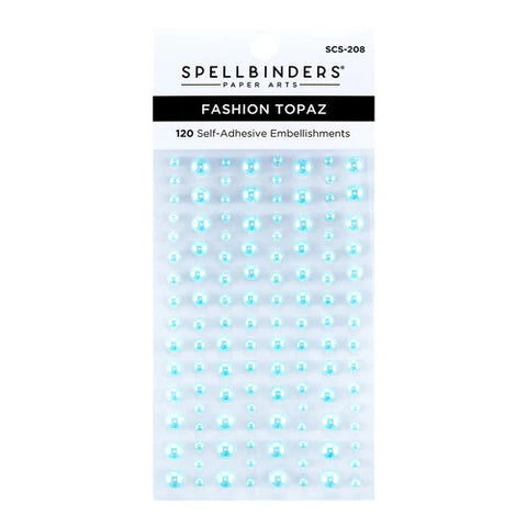 Spellbinders Paper Arts Fashion Topaz 120 self-adhesive embellishments in a clear plastic blister pack with a white header card.